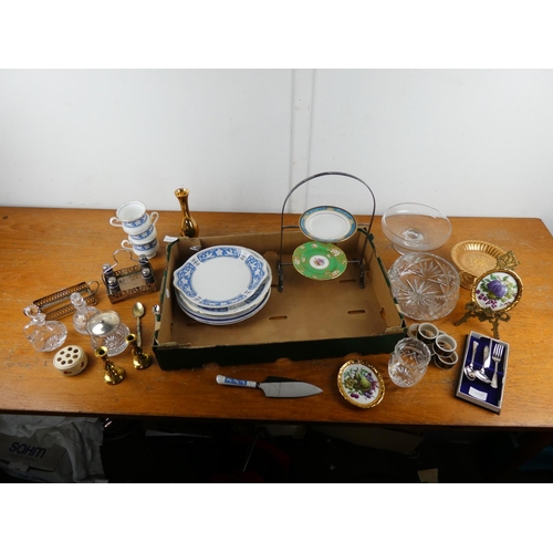 254 - A box lot to include Royal Albert Tudor Rose, glass perfume bottles and more.