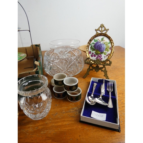 254 - A box lot to include Royal Albert Tudor Rose, glass perfume bottles and more.