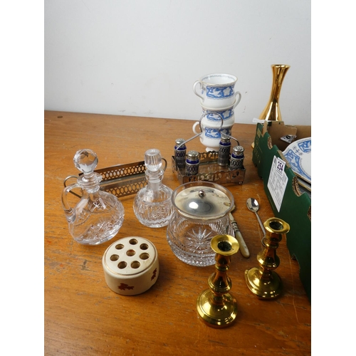 254 - A box lot to include Royal Albert Tudor Rose, glass perfume bottles and more.