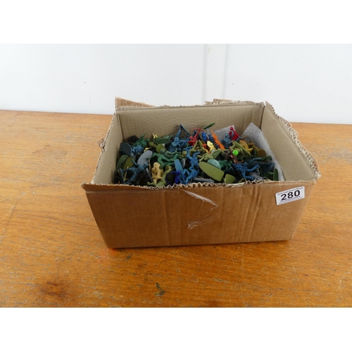 280 - A box of assorted plastic toy characters.