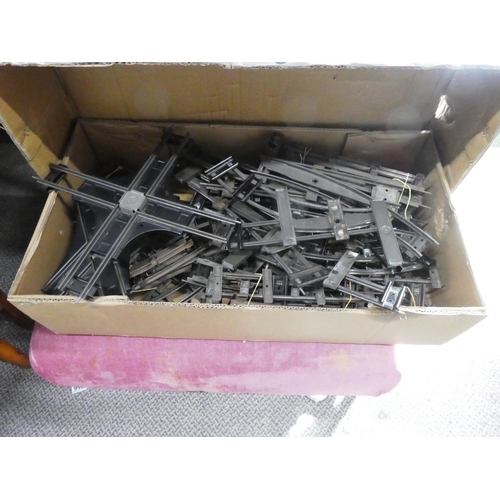 286 - Two large boxes of Hornby train track and a box of Honby connecting plates.