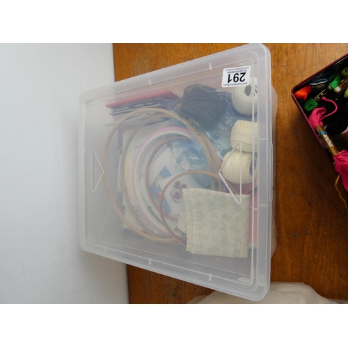 291 - A box of assorted tapestry thread, fabric and more.