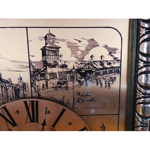 32 - A copper panelled wall clock depicting local scenes of the North Antrim Coast, a Causeway Safari Par... 