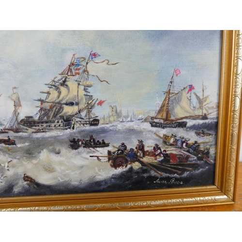 38 - A framed oil painting of sailing ships signed Anne Rose, measuring 22
