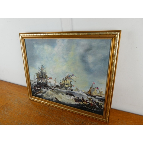 38 - A framed oil painting of sailing ships signed Anne Rose, measuring 22