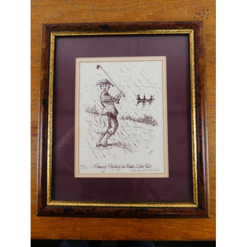 64 - A framed limited edition print 'Fancy Fishing in Rain Like This' by Woody Irondraw 52/250.