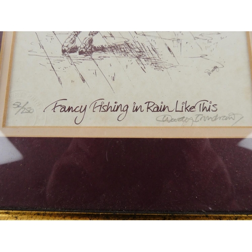 64 - A framed limited edition print 'Fancy Fishing in Rain Like This' by Woody Irondraw 52/250.