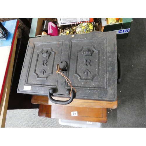 93 - A superb cast iron two handled Victorian Strong box, complete with key, measuring 18