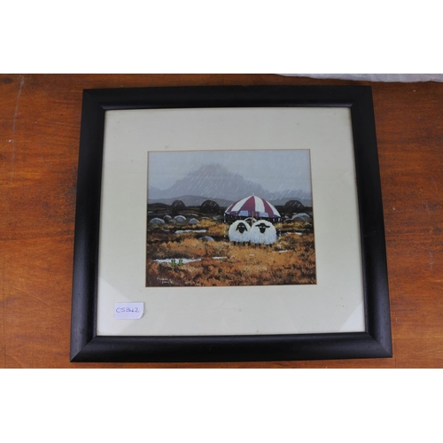 570 - A novelty framed print of sheep.