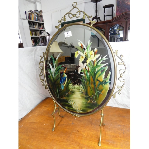1 - A stunning antique brass and mirror firescreen with handpainted drawing of a kingfisher.