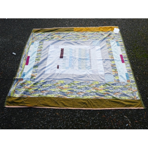 170 - A stunning antique patchwork blanket/ quilt, made from 1950's curtain material and linen pieces.