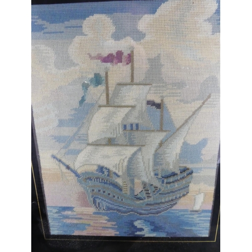 195 - A vintage oak framed tapestry firescreen of a sailing ship.