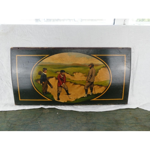 197 - A large wooden painted plaque of golfers, measuring 90cm x 45cm.