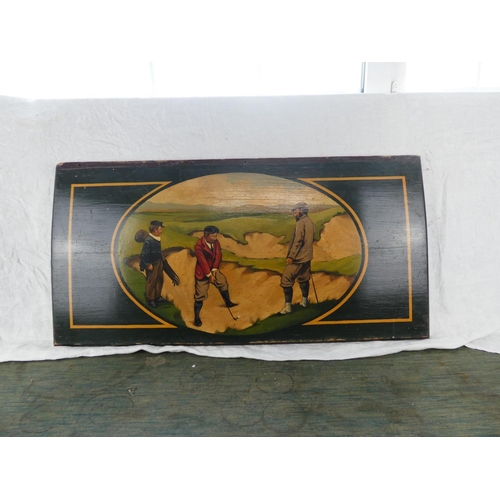 197 - A large wooden painted plaque of golfers, measuring 90cm x 45cm.