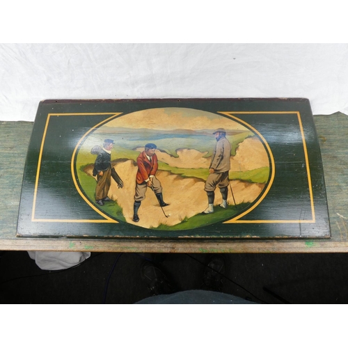 197 - A large wooden painted plaque of golfers, measuring 90cm x 45cm.