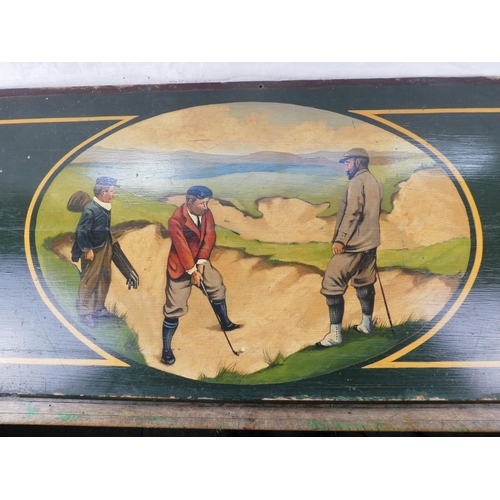 197 - A large wooden painted plaque of golfers, measuring 90cm x 45cm.