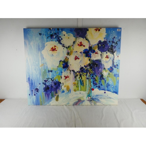 299 - A large unframed canvas print of flowers.