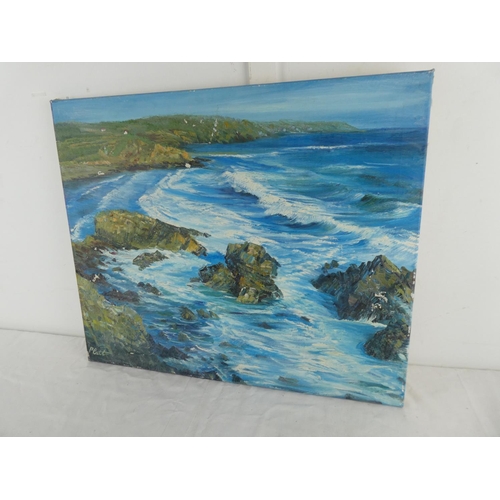 275 - An unframed oil painting of coastal scene, measuring 61cm x 50cm.