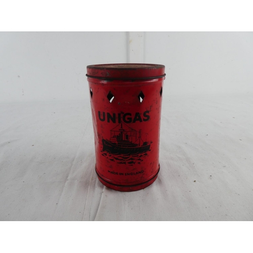 291 - A vintage Unigas stove and tin.