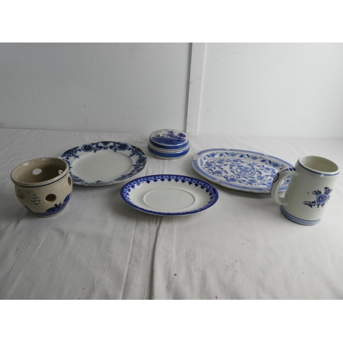 264 - A Delft blue hand painted lidded container and tankard, and other blue and white ware.