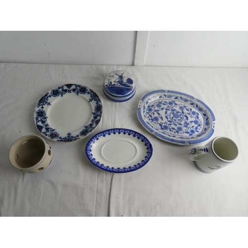 264 - A Delft blue hand painted lidded container and tankard, and other blue and white ware.