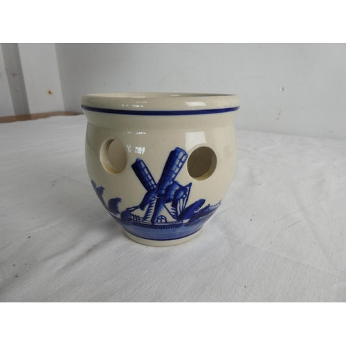 264 - A Delft blue hand painted lidded container and tankard, and other blue and white ware.