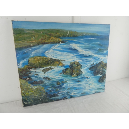 275 - An unframed oil painting of coastal scene, measuring 61cm x 50cm.