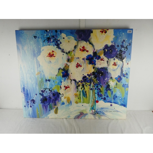 299 - A large unframed canvas print of flowers.