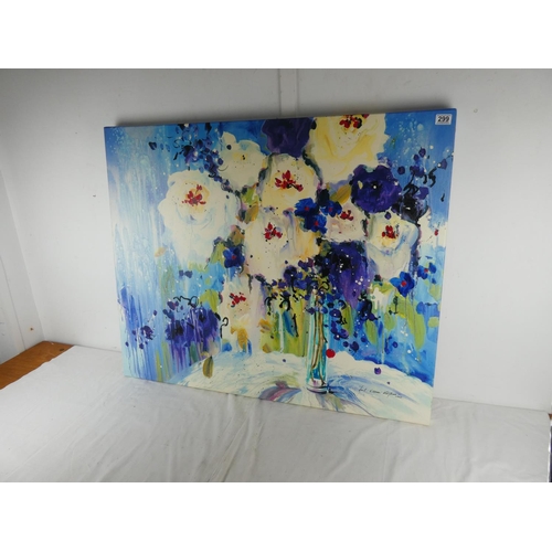 299 - A large unframed canvas print of flowers.