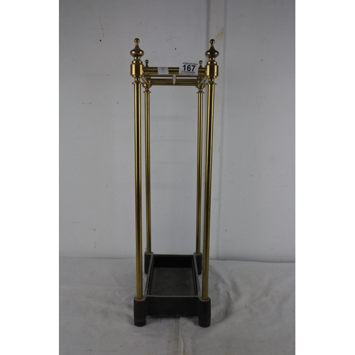 167 - A cast iron tray and brass laquared stick/umberlla stand.