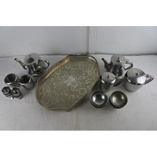 10 - A lot of stainless steel ware on a stunning decorative silver plated serving tray.