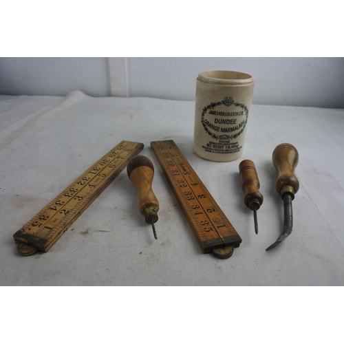 66 - A vintage James Keiller & Son marmalade jar and a lot of vintage hand tools.