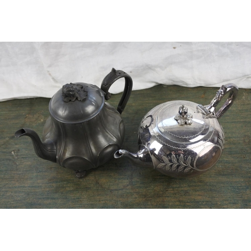 299 - An antique pewter teapot and a silver plated teapot.