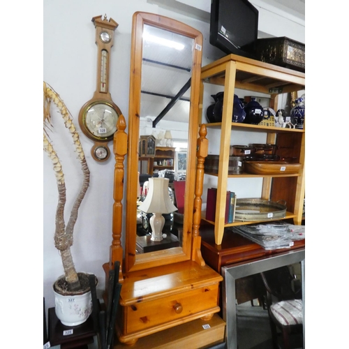 318 - A pine cheval dressing mirror with drawer.