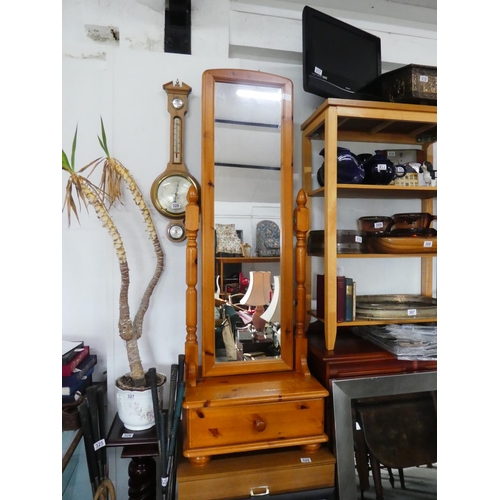 318 - A pine cheval dressing mirror with drawer.