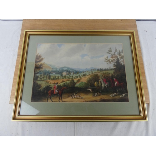 331 - A framed picture of a hunting scene.