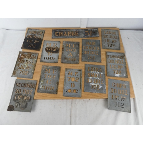 359 - A stunning collection of 13 original metal stencils, found in an old chicken farm. These would have ... 