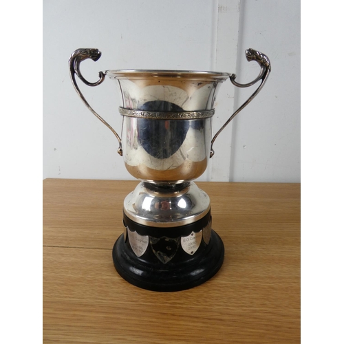 405 - A large silver plated two handled presentation cup.