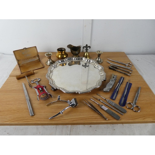 407 - A stunning silver plated tray, a lot of collectables to include a copper cigarette case, tools and m... 