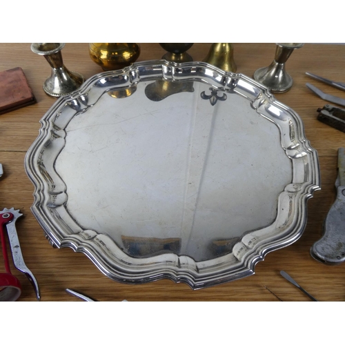 407 - A stunning silver plated tray, a lot of collectables to include a copper cigarette case, tools and m... 