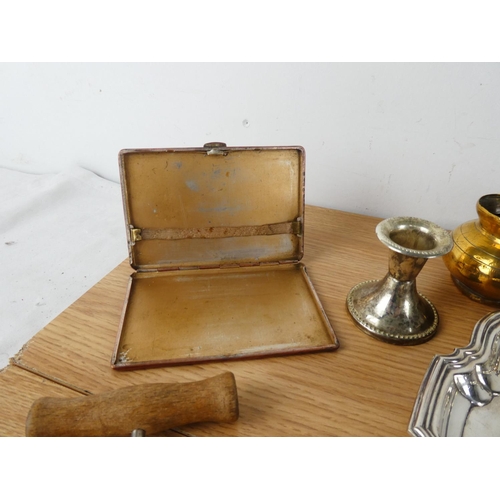 407 - A stunning silver plated tray, a lot of collectables to include a copper cigarette case, tools and m... 