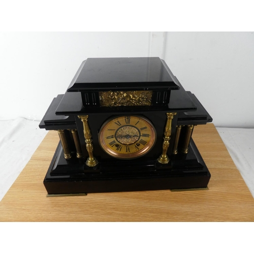 422 - A stunning antique/ Victorian slatemantle clock, with brass pillars & fretwork dial reading 'Cahoon ... 