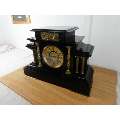 422 - A stunning antique/ Victorian slatemantle clock, with brass pillars & fretwork dial reading 'Cahoon ... 