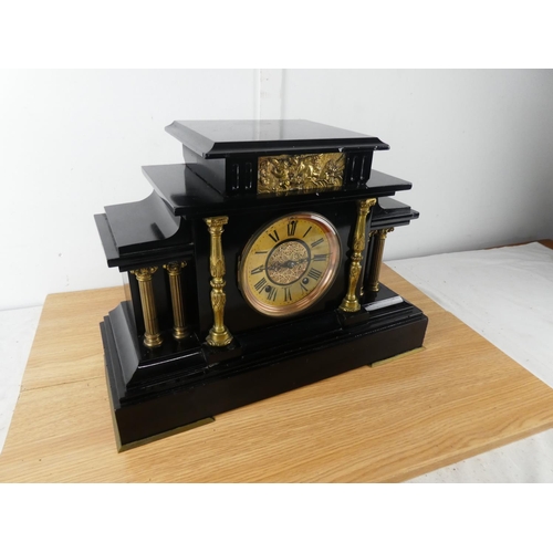 422 - A stunning antique/ Victorian slatemantle clock, with brass pillars & fretwork dial reading 'Cahoon ... 