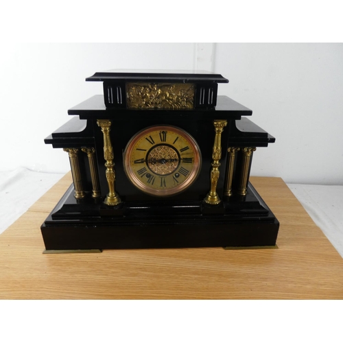 422 - A stunning antique/ Victorian slatemantle clock, with brass pillars & fretwork dial reading 'Cahoon ... 