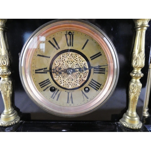 422 - A stunning antique/ Victorian slatemantle clock, with brass pillars & fretwork dial reading 'Cahoon ... 