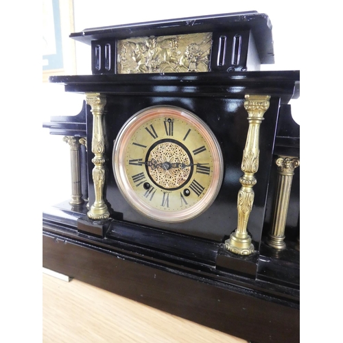 422 - A stunning antique/ Victorian slatemantle clock, with brass pillars & fretwork dial reading 'Cahoon ... 