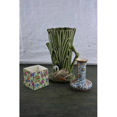 675 - A vintage Sylvac flower vase, a small antique vase, a vintage Royal Winton 'Kew' pot (a/f).