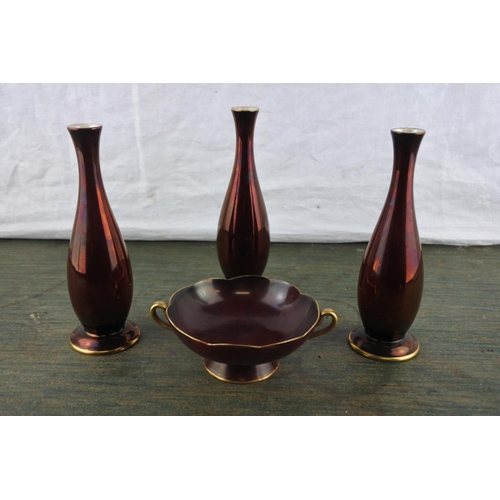 678 - Three Carlton Ware 'Rouge Royale' vases and a two handled dish.