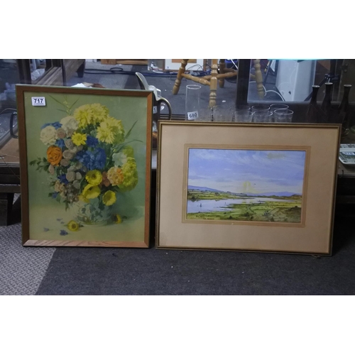 717 - A framed watercolour 'The Bann' signed E D Lake and a vintage floral framed print.